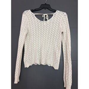 Candies Women Cream Crochet Knit Sweater Long Sleeve Tie Back Pointelle Large